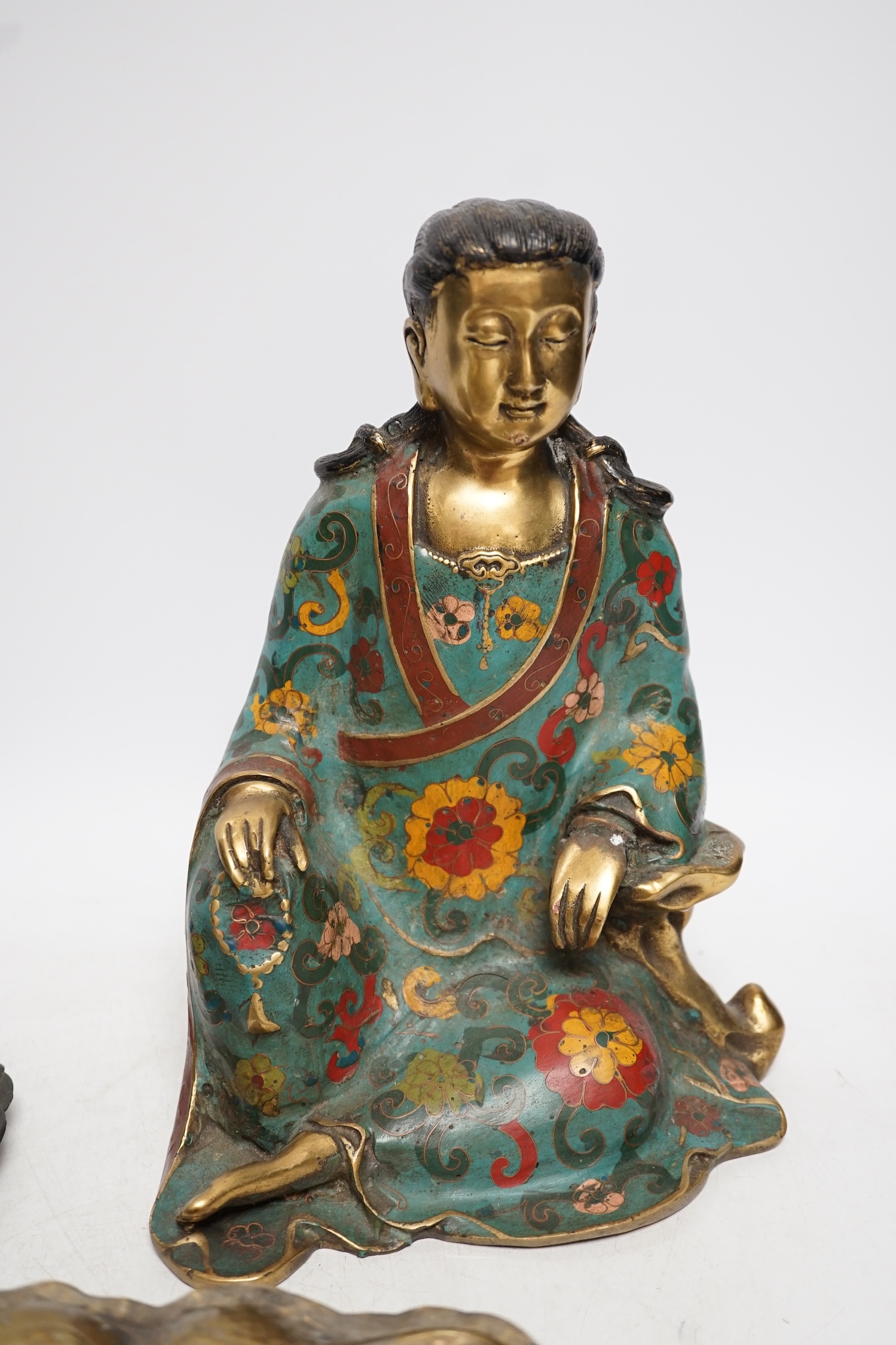A Chinese cloisonné enamel figure, a Japanese and antimony dish and a large Continental gilt metal dish, figure 26.5cm high. Condition - poor to fair